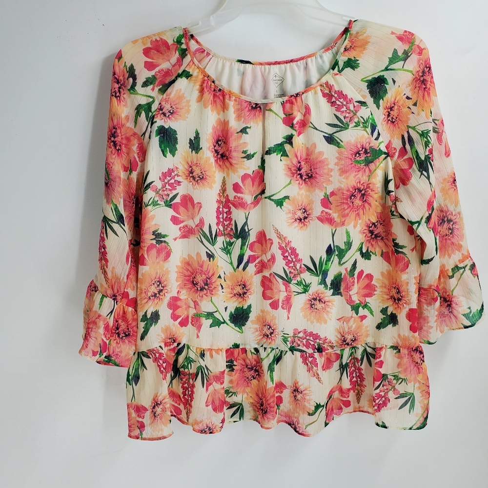 ST. JOHN'S BAY womens L peachy floral pullover sheer overlay blouse